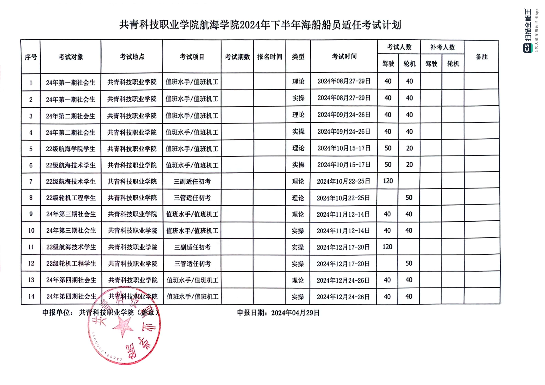 共青科技職業(yè)學(xué)院2024年下半年船員培訓(xùn)適任考試計(jì)劃20240424_00.png